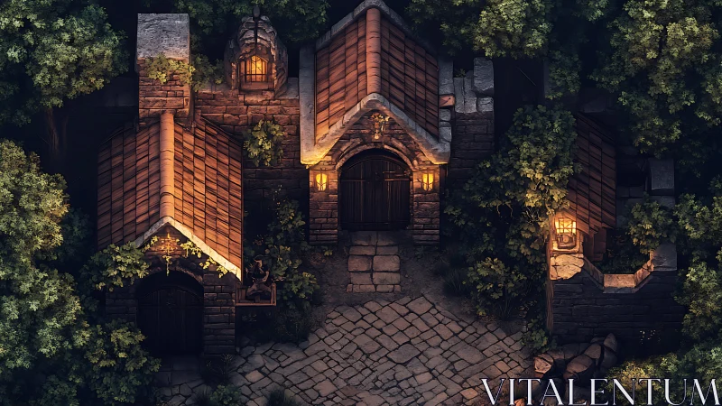 Medieval Stone Castle Courtyard at Night with Ambient Lighting.