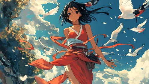 Girl in a red dress walks with birds across open sky.