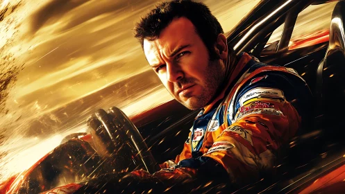 Blazing race driver locked in a storm of golden speed.