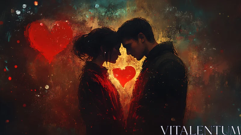 Two Lovers Embrace Glowing Hearts.