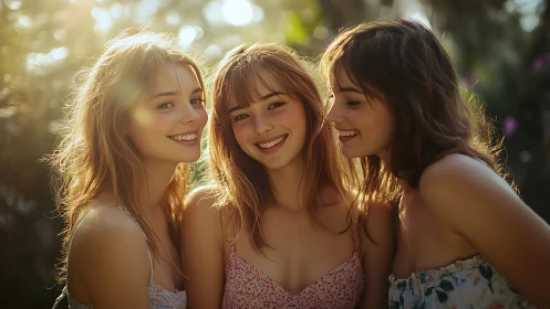 Three Young Women Smiling Outdoors in Soft, Sunlit Portrait Style.