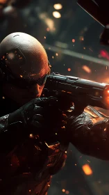 Cybernetic soldier aiming pistol through burning sparks.