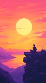 Quiet soul rests on a cliff beneath a glowing sunset sky