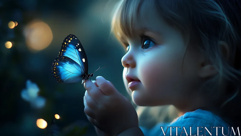 Moonlit child and sapphire butterfly share quiet wonder.