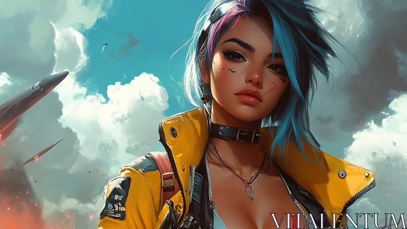 Cyberpunk woman stands under dramatic cloudy sky