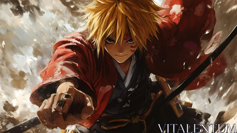 Dynamic anime swordsman lunges forward with motion-blur strokes