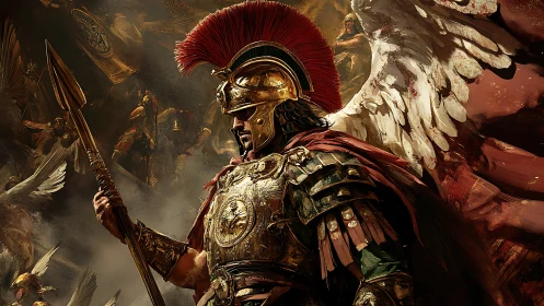 Winged warrior stands ready in gleaming golden armor of legend