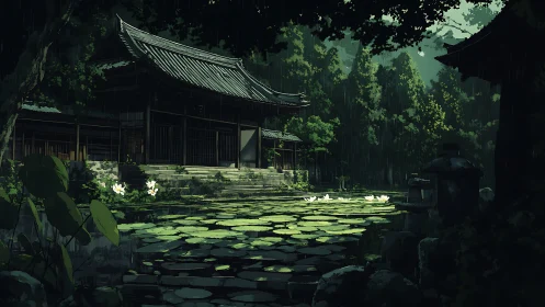 Traditional wooden temple stands before lily-covered pond in rain
