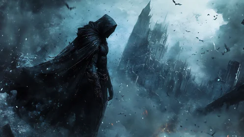 Hooded dark warrior overlooking ruined gothic cityscape.