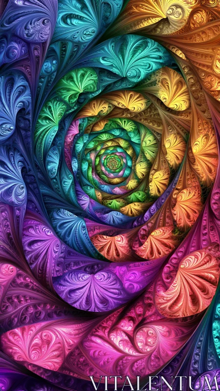 Radiant fractal spiral unfolds in vivid rainbow plumes.