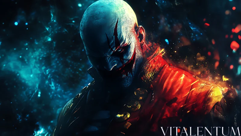 Sinister clown warlord amid blazing cosmic storm.