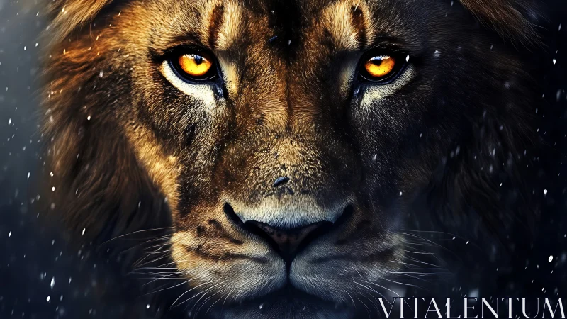 Rendered lion face shows frontal close-up under snowfall