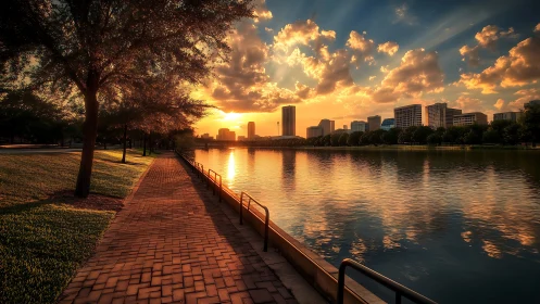Sunlit riverside promenade with glowing skyline reflections.
