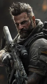Battle-hardened soldier aiming rifle in close combat view.