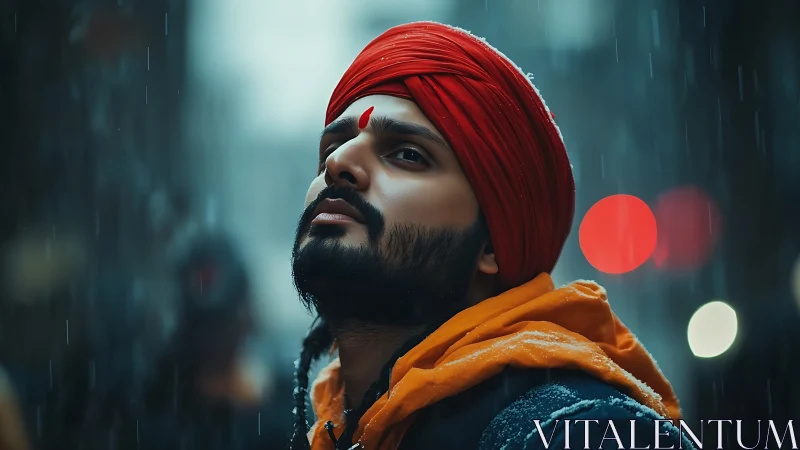 Man in red turban looks up in rainy city street at night.