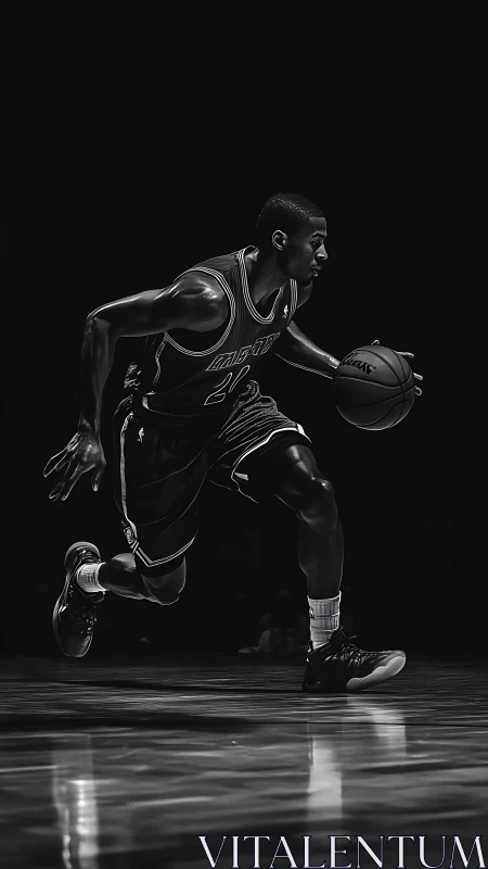 Basketball player dribbling ball on court in low key light.