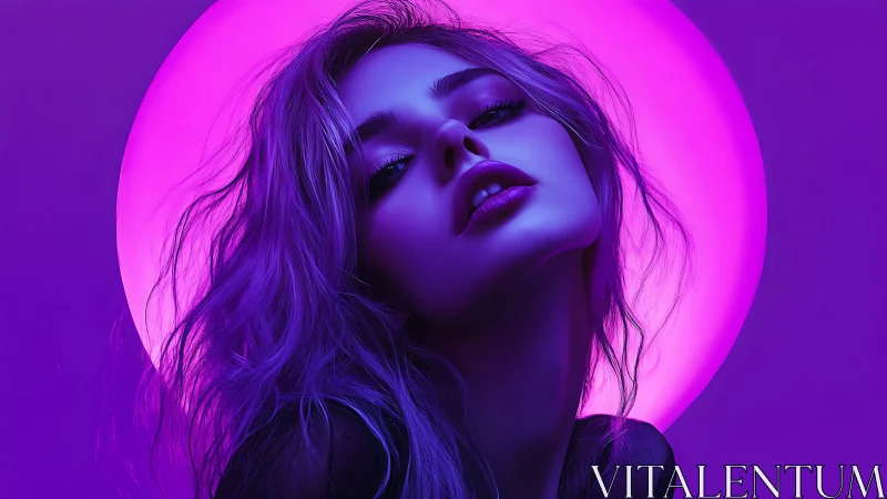 Neon halo portrait radiates bold violet cyber-glamour.