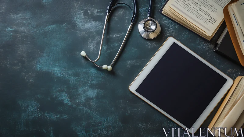 Medical stethoscope, tablet, and books on dark desk surface.