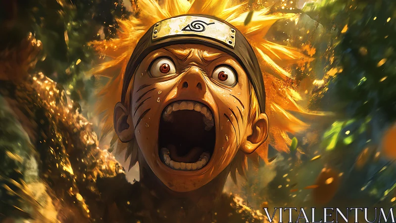 Fiery anime hero unleashing raw emotion in a forest blaze.