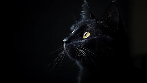 Black Feline Portrait with Luminous Amber Eyes Against Dark Background
