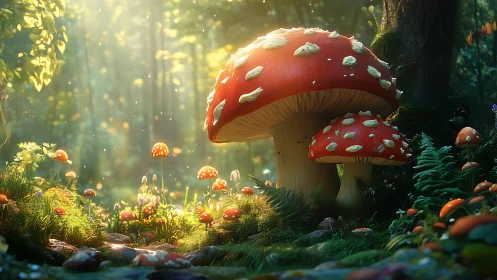 Red spotted forest mushrooms under filtered daylight rays.