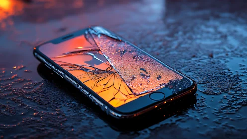 Shattered smartphone glows like embers on rain soaked asphalt.
