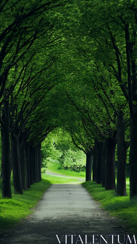 Tree-lined path forming verdant tunnel under dense canopy.