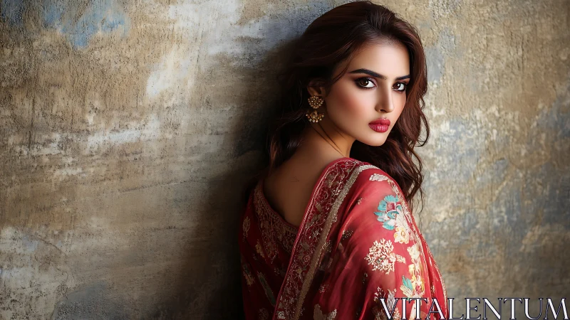 Elegant woman in red embroidered sari against rustic wall.