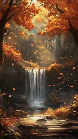 Autumn forest waterfall glows through drifting golden leaves.