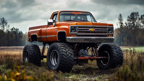 Lifted orange Chevy monster truck in moody rural field scene.