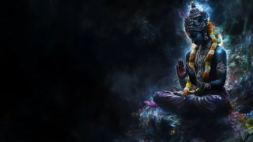 Divine blue deity in cosmic meditative stillness.