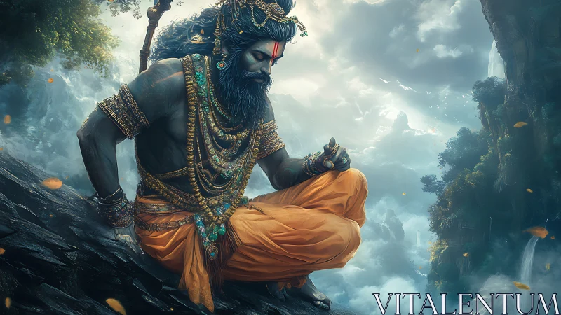 Seated mythic figure in detailed attire overlooks misty valley