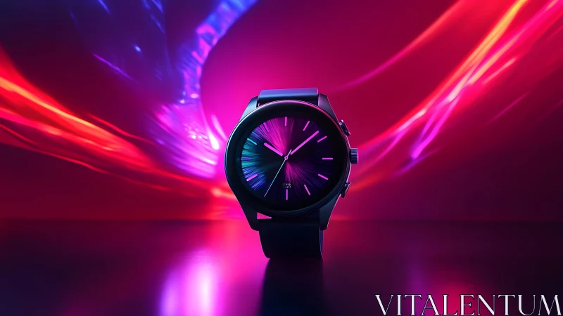 Modern black wristwatch with neon light streaks in futuristic style.