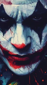 Painted menace leans into the frame with cracked neon grin