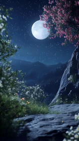 Moonlit forest verge under blossoming spring canopy.