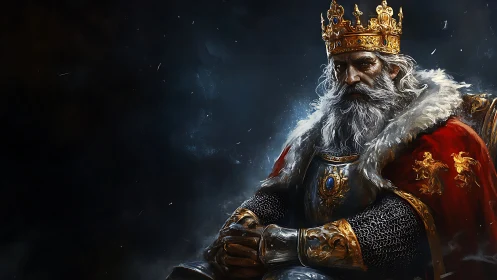 Elderly crowned king in ornate armor sits in dark space