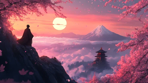 Gentle sunset over cherry blossoms, temple, and distant mountain.
