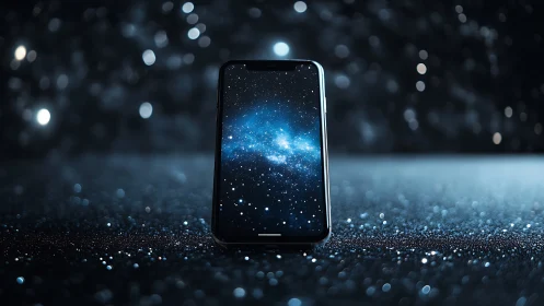 Photoreal smartphone with cosmic display on bokeh field.