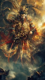 Imperial warlord in ornate armor with coiling celestial dragon