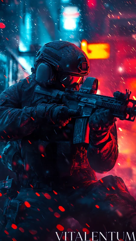 Cybernetic soldier aiming rifle amid neon storm lighting