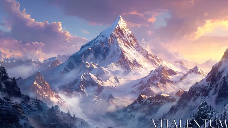 Sunlit mountain kingdom wrapped in dreamy pastel skies.