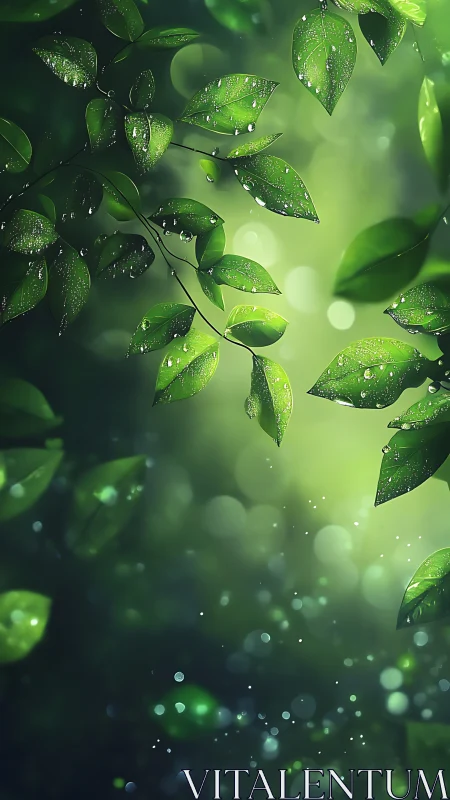 Dew covered green leaves hang against soft blurred bokeh light