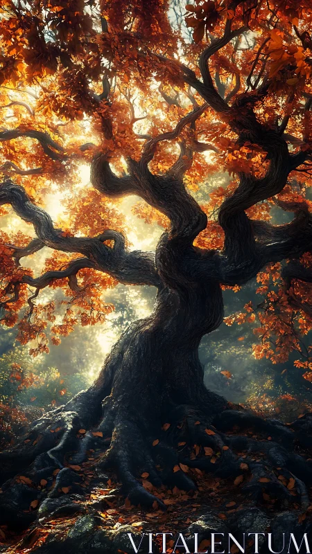 Twisted autumn tree stands in backlit forest clearing