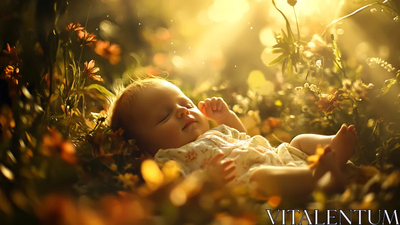 Newborn resting in golden-hour meadow with dreamy bokeh glow.