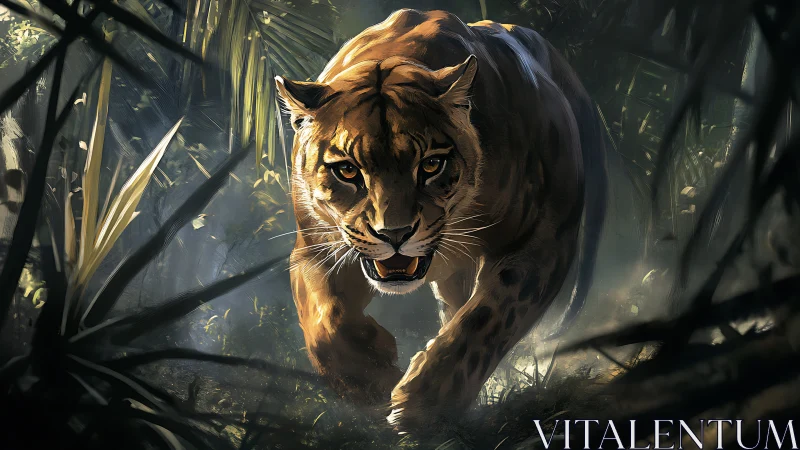 Predatory feline emerges through filtered jungle light and vegetation layering