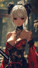 Anime warrior woman stands in ornate red and black outfit