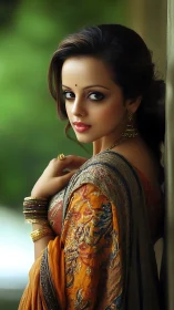 Elegant Indian woman in ornate sari against soft green bokeh.