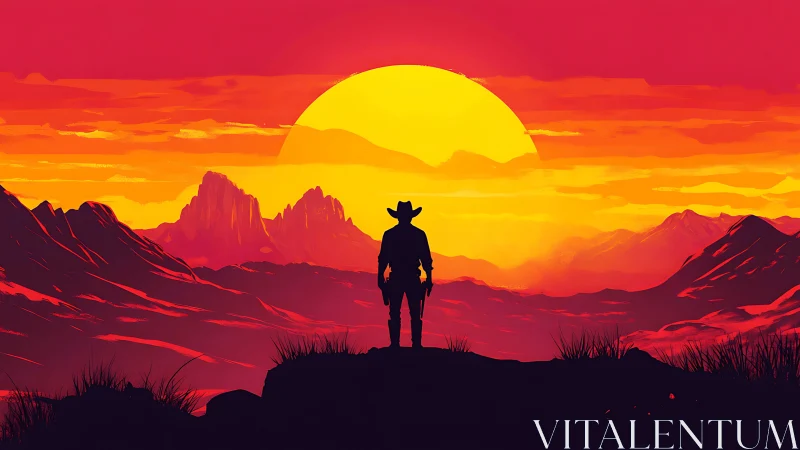 Silhouetted cowboy at blazing desert sunset horizon.
