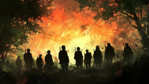 Silhouetted soldiers in forest against intense firelight sky.