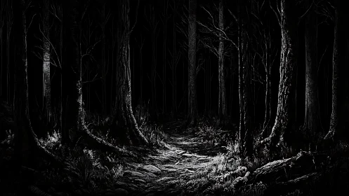 Dark Forest Path Through Towering Trees.